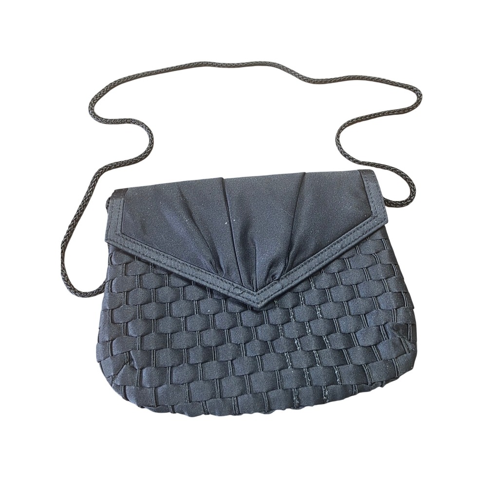Vintage‎ Black Satin Woven Evening Bag Envelope Clutch Crossbody Formal Wedding